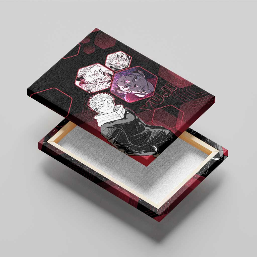 Yuji Itadori Jujutsu Kaisen Red Hexagon Design Canvas Wall Art with Sukuna Transformation and Manga Style Art - The Mazicc