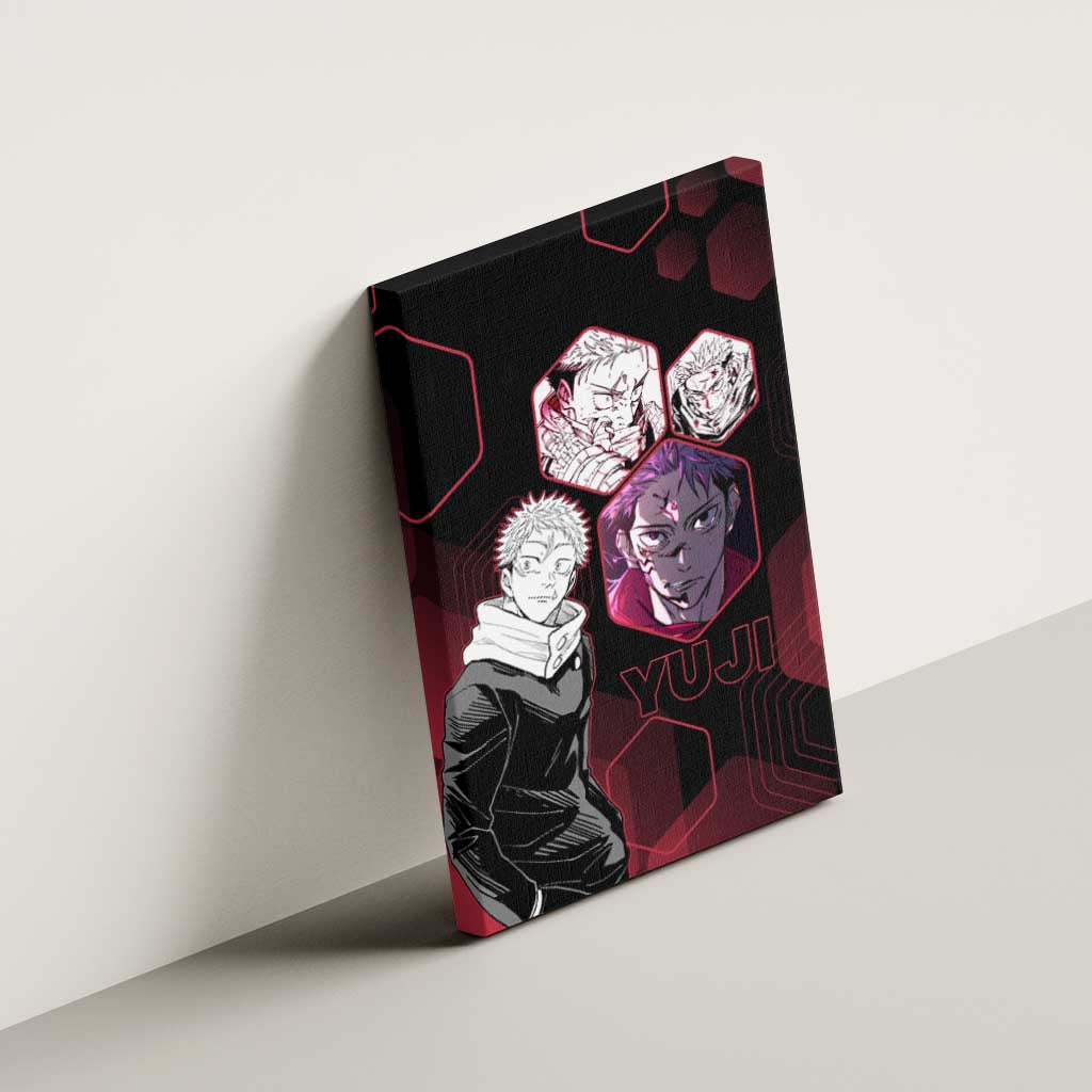 Yuji Itadori Jujutsu Kaisen Red Hexagon Design Canvas Wall Art with Sukuna Transformation and Manga Style Art - The Mazicc