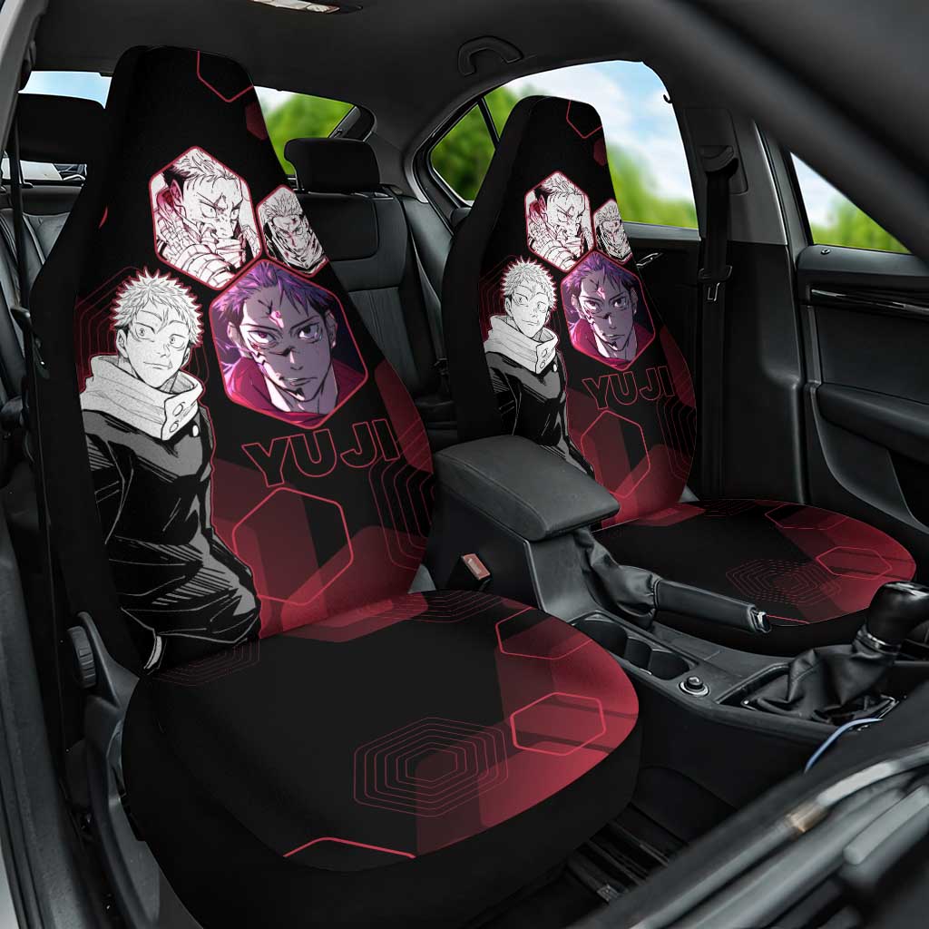Yuji Itadori Jujutsu Kaisen Red Hexagon Design Car Seat Cover with Sukuna Transformation and Manga Style Art - The Mazicc