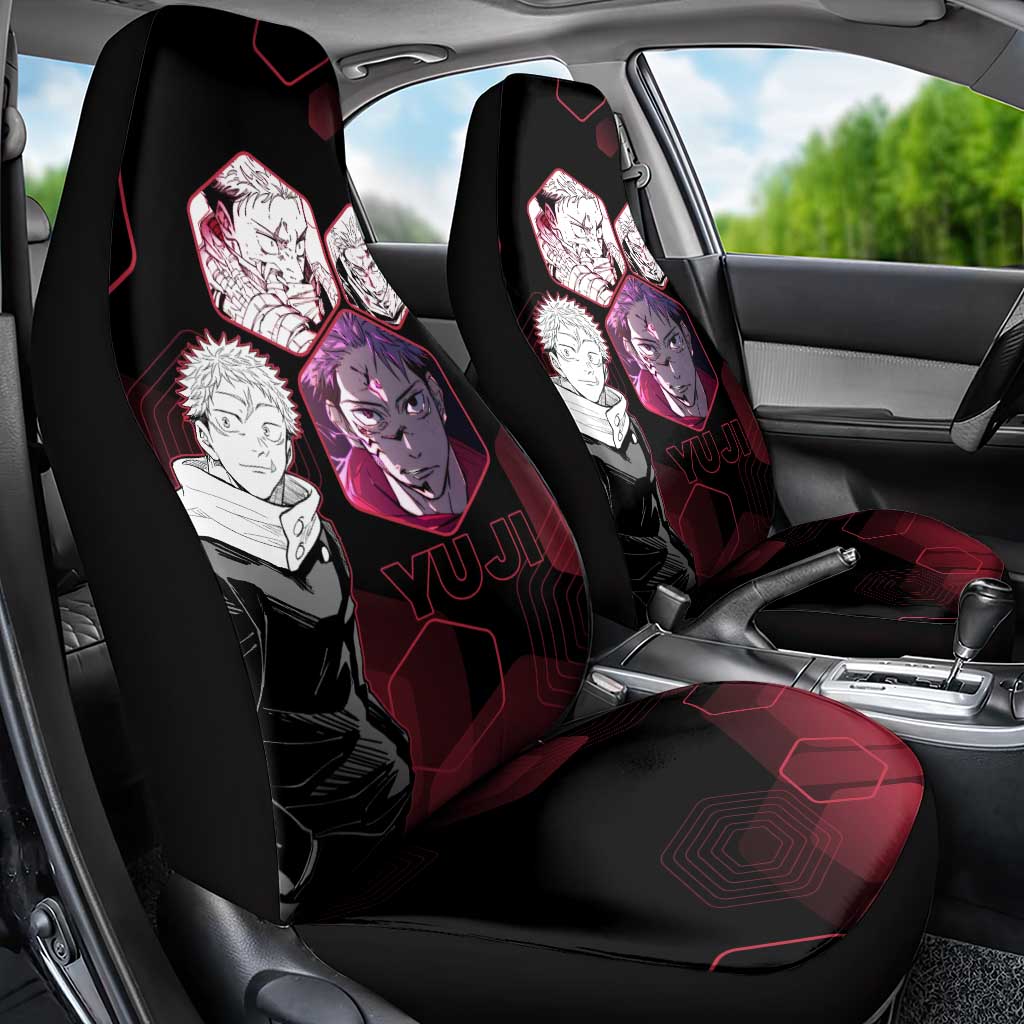 Yuji Itadori Jujutsu Kaisen Red Hexagon Design Car Seat Cover with Sukuna Transformation and Manga Style Art - The Mazicc