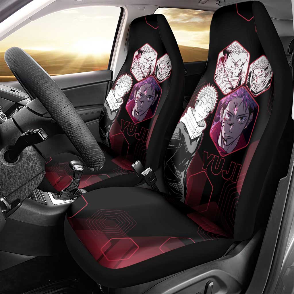 Yuji Itadori Jujutsu Kaisen Red Hexagon Design Car Seat Cover with Sukuna Transformation and Manga Style Art - The Mazicc