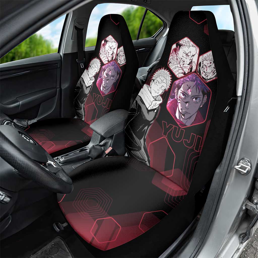 Yuji Itadori Jujutsu Kaisen Red Hexagon Design Car Seat Cover with Sukuna Transformation and Manga Style Art - The Mazicc
