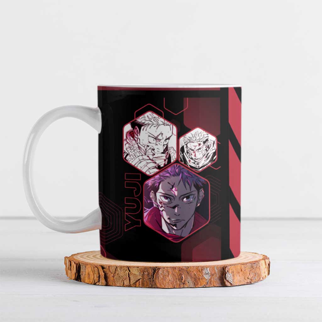 Yuji Itadori Jujutsu Kaisen Red Hexagon Design Ceramic Mug with Sukuna Transformation and Manga Style Art - The Mazicc