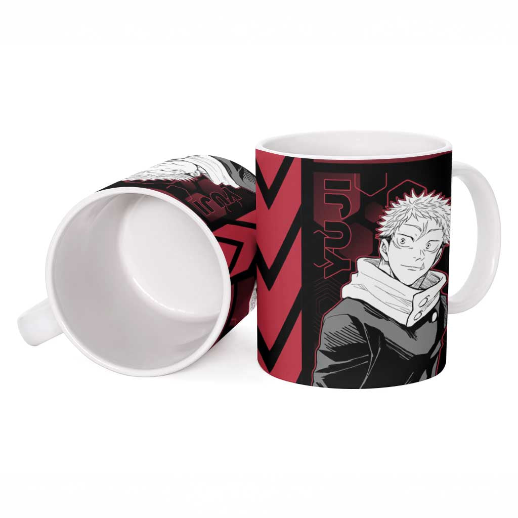 Yuji Itadori Jujutsu Kaisen Red Hexagon Design Ceramic Mug with Sukuna Transformation and Manga Style Art - The Mazicc