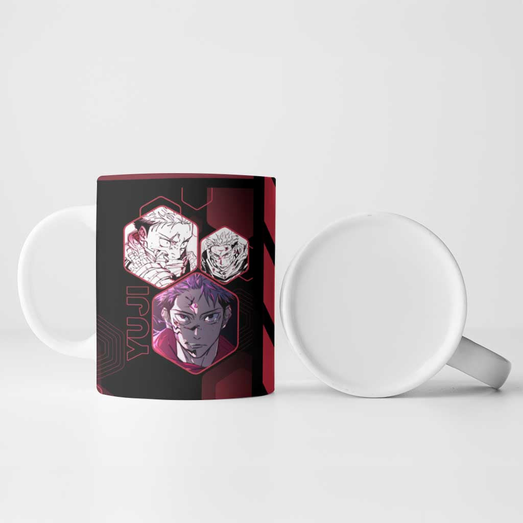 Yuji Itadori Jujutsu Kaisen Red Hexagon Design Ceramic Mug with Sukuna Transformation and Manga Style Art - The Mazicc