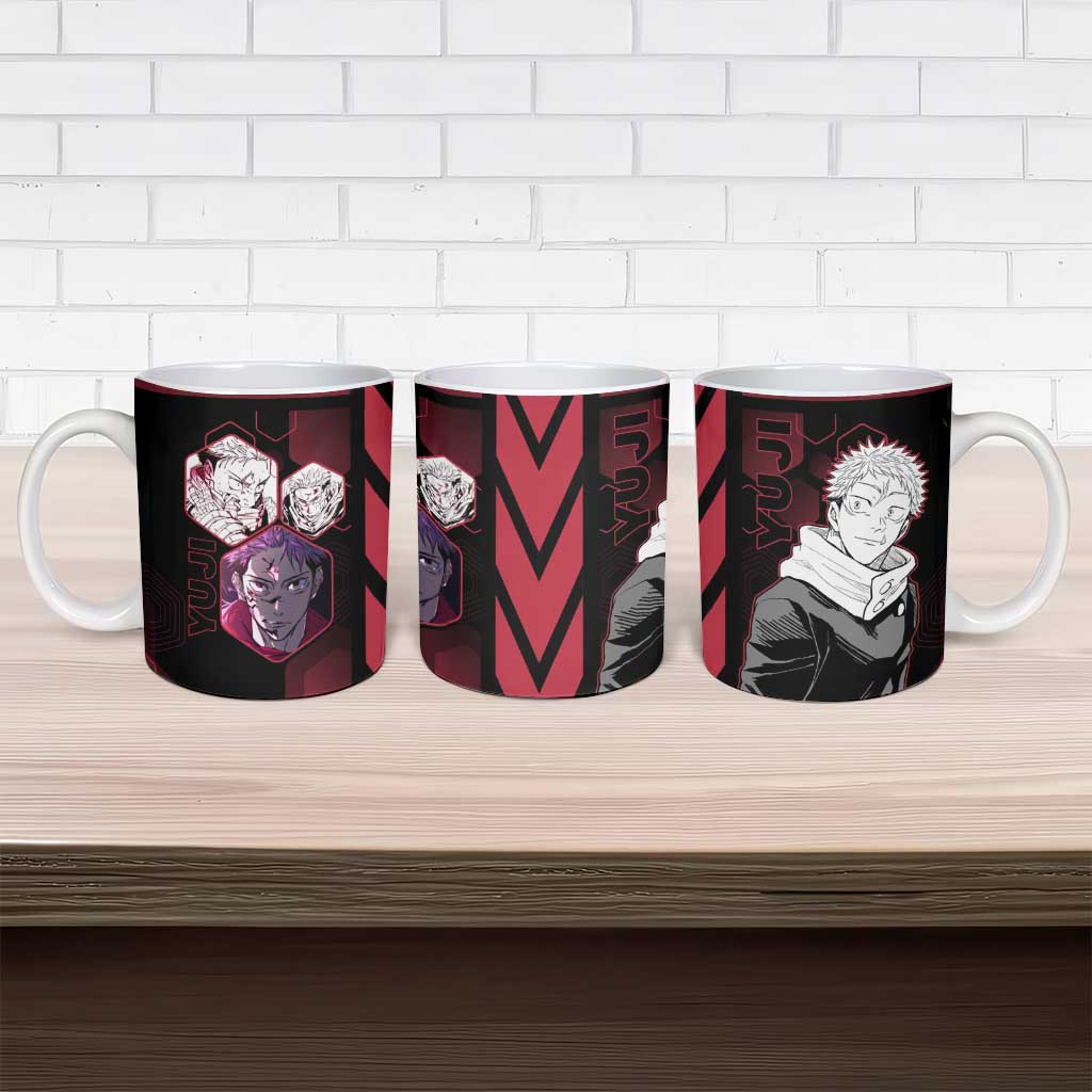 Yuji Itadori Jujutsu Kaisen Red Hexagon Design Ceramic Mug with Sukuna Transformation and Manga Style Art - The Mazicc
