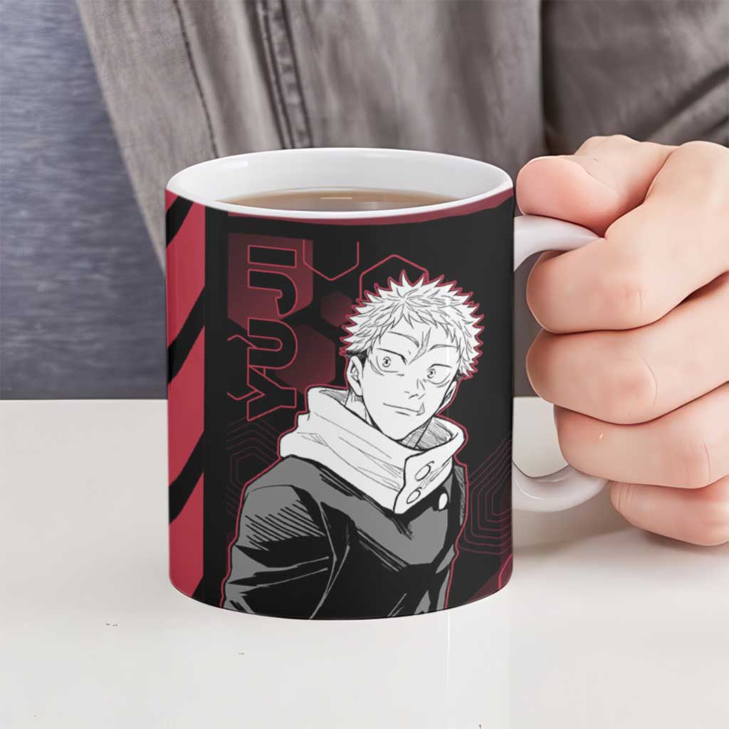 Yuji Itadori Jujutsu Kaisen Red Hexagon Design Ceramic Mug with Sukuna Transformation and Manga Style Art - The Mazicc