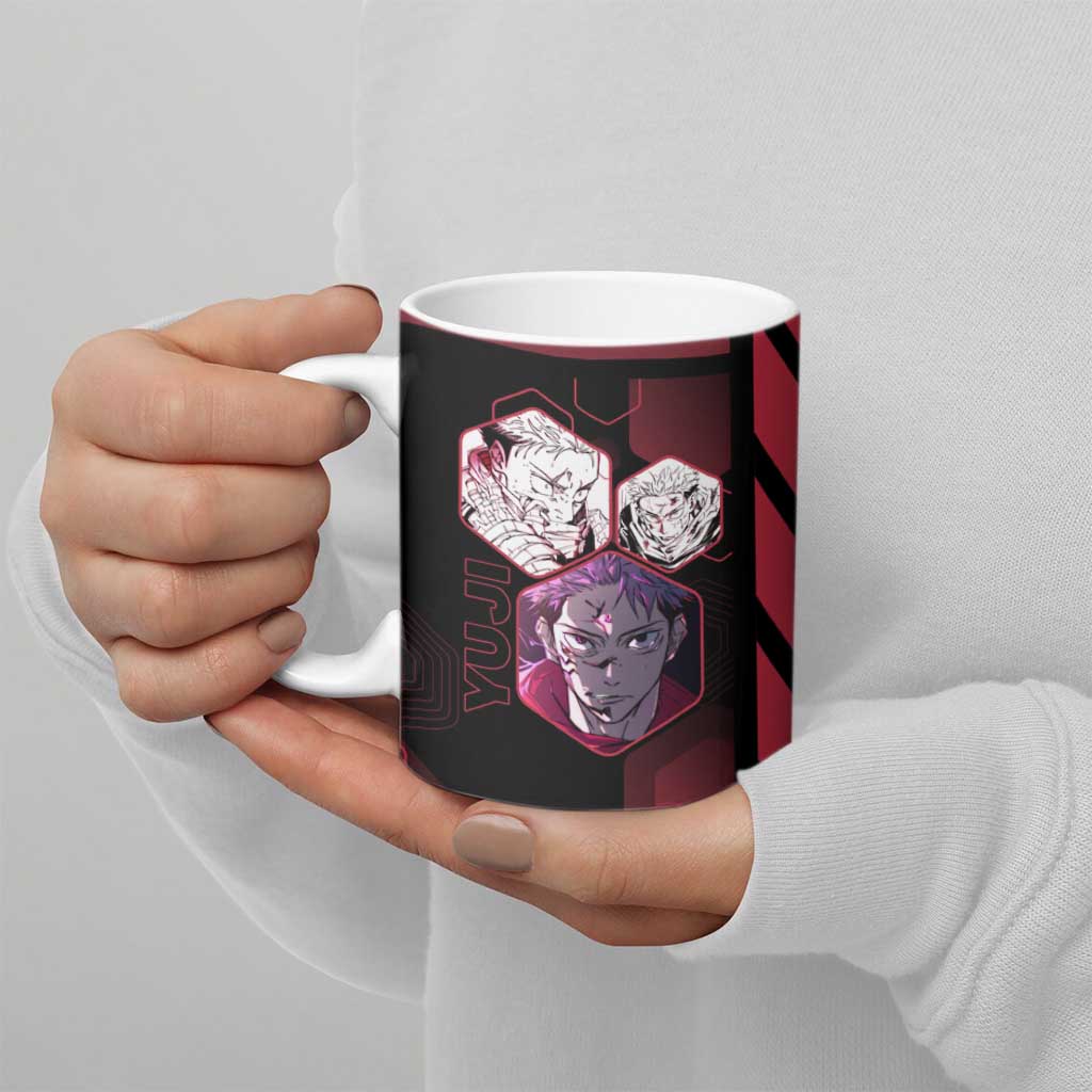 Yuji Itadori Jujutsu Kaisen Red Hexagon Design Ceramic Mug with Sukuna Transformation and Manga Style Art - The Mazicc