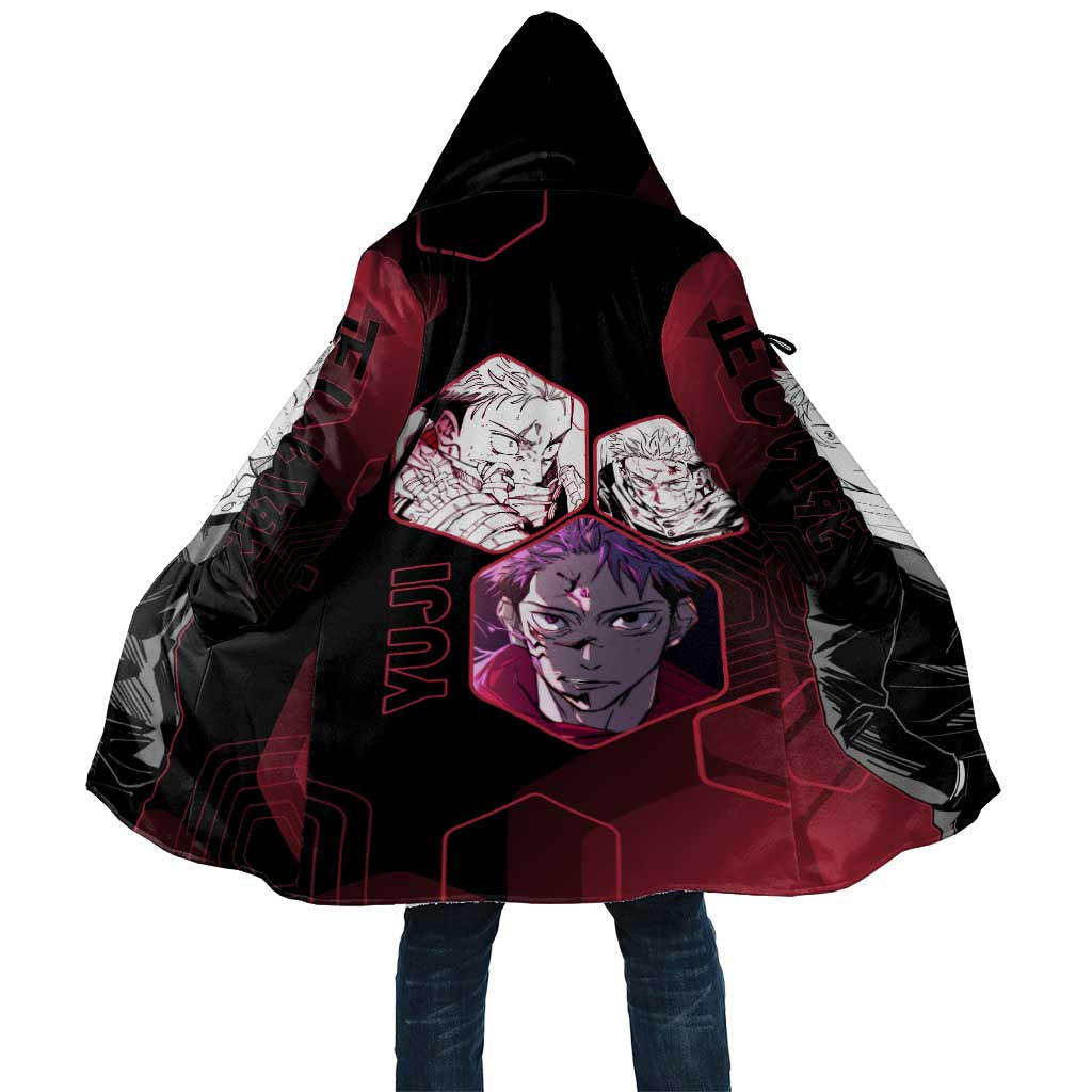Yuji Itadori Jujutsu Kaisen Red Hexagon Design Cloak with Sukuna Transformation and Manga Style Art - The Mazicc
