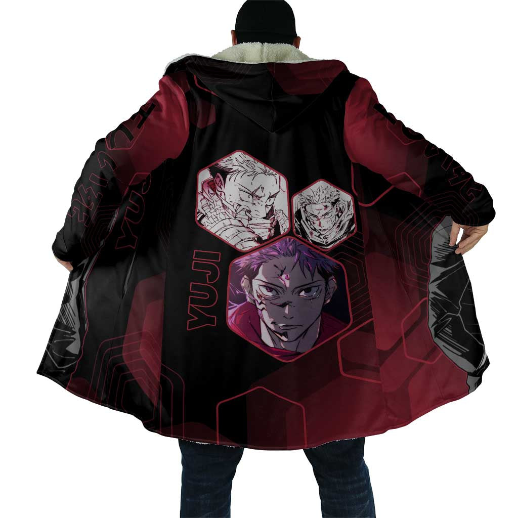 Yuji Itadori Jujutsu Kaisen Red Hexagon Design Cloak with Sukuna Transformation and Manga Style Art - The Mazicc