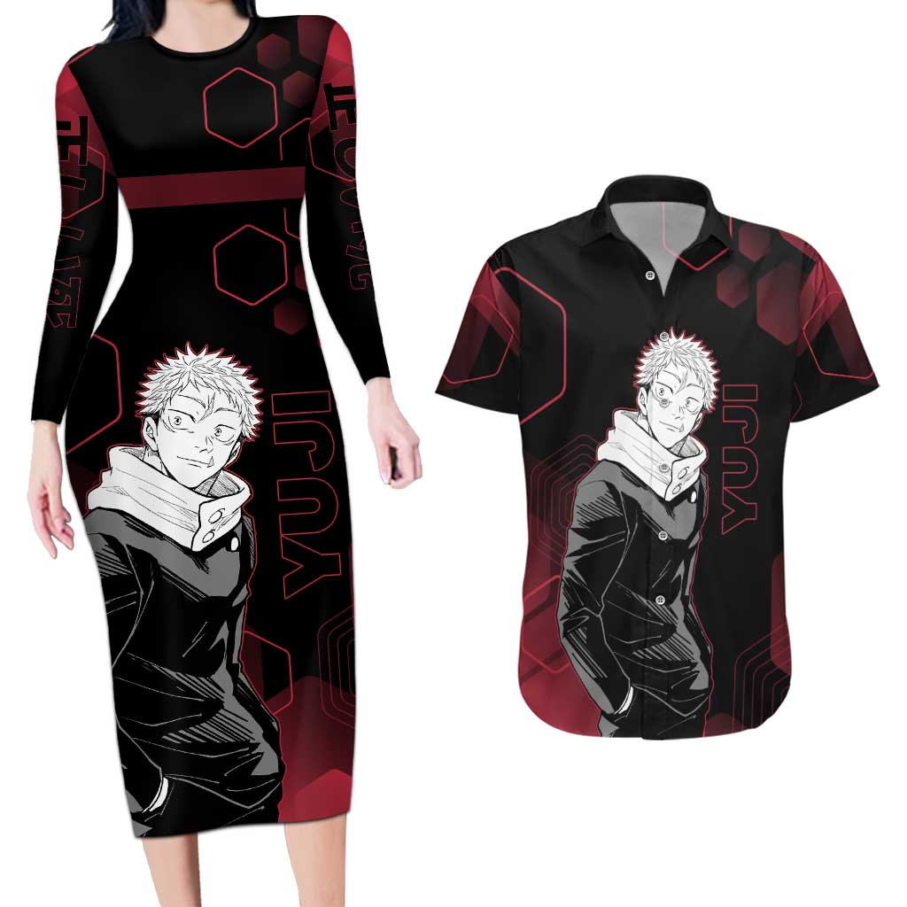 Yuji Itadori Jujutsu Kaisen Red Hexagon Design Couples Matching Long Sleeve Bodycon Dress and Hawaiian Shirt with Sukuna Transformation and Manga Style Art - The Mazicc