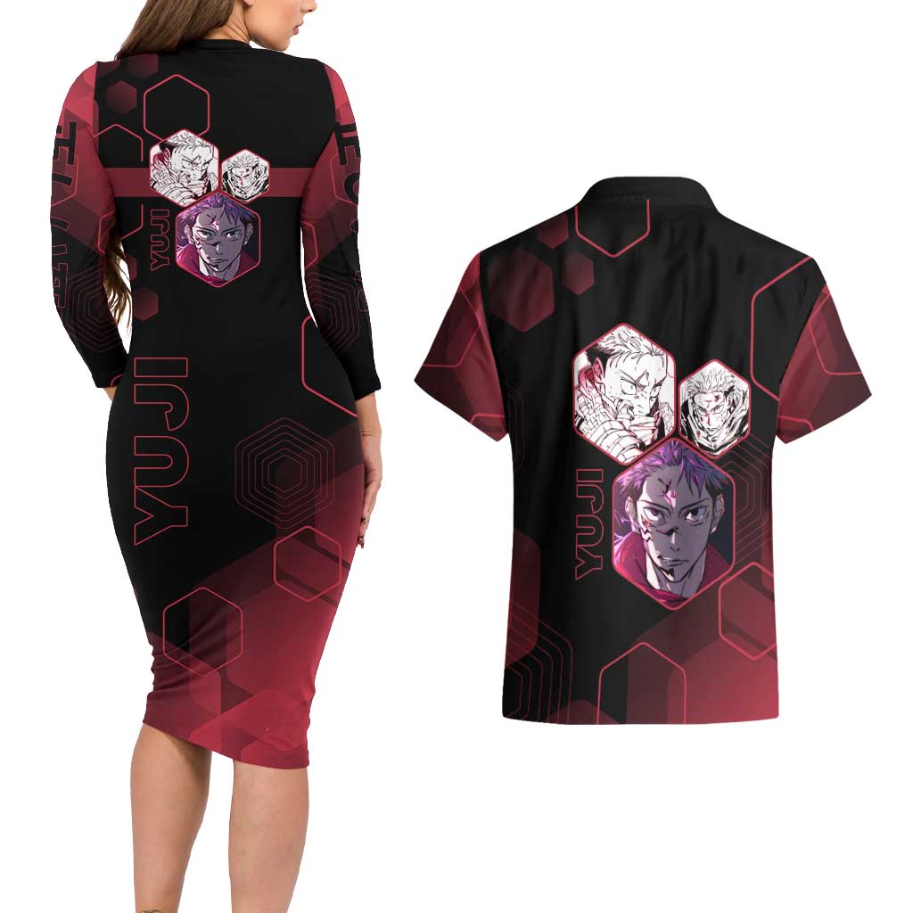 Yuji Itadori Jujutsu Kaisen Red Hexagon Design Couples Matching Long Sleeve Bodycon Dress and Hawaiian Shirt with Sukuna Transformation and Manga Style Art - The Mazicc