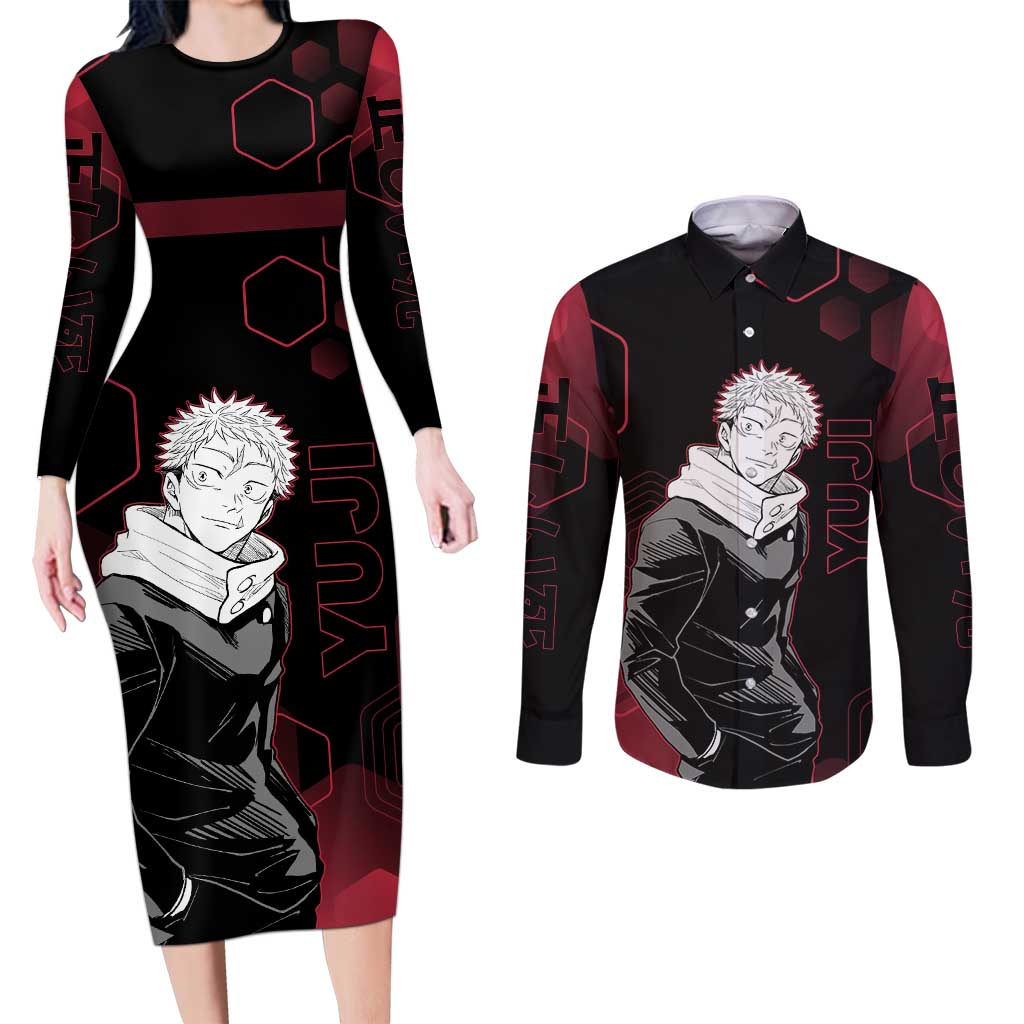 Yuji Itadori Jujutsu Kaisen Red Hexagon Design Couples Matching Long Sleeve Bodycon Dress and Long Sleeve Button Shirt with Sukuna Transformation and Manga Style Art - The Mazicc
