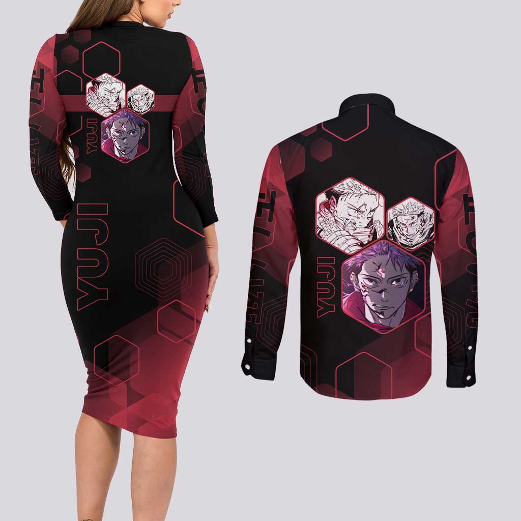 Yuji Itadori Jujutsu Kaisen Red Hexagon Design Couples Matching Long Sleeve Bodycon Dress and Long Sleeve Button Shirt with Sukuna Transformation and Manga Style Art - The Mazicc