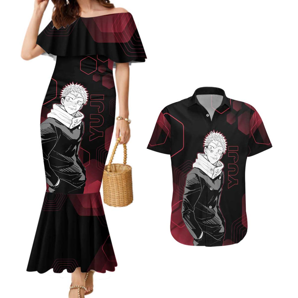 Yuji Itadori Jujutsu Kaisen Red Hexagon Design Couples Matching Mermaid Dress and Hawaiian Shirt with Sukuna Transformation and Manga Style Art - The Mazicc