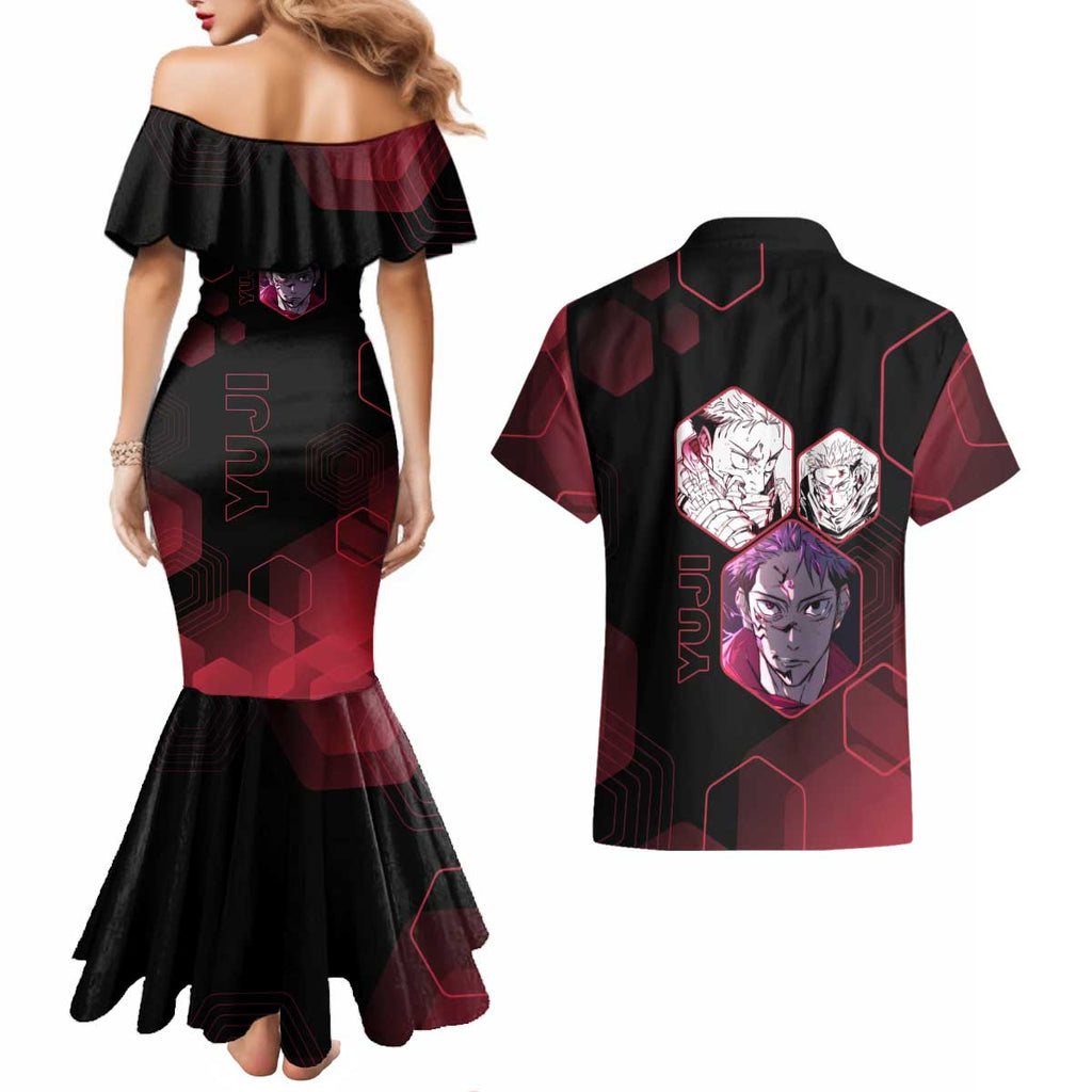 Yuji Itadori Jujutsu Kaisen Red Hexagon Design Couples Matching Mermaid Dress and Hawaiian Shirt with Sukuna Transformation and Manga Style Art - The Mazicc
