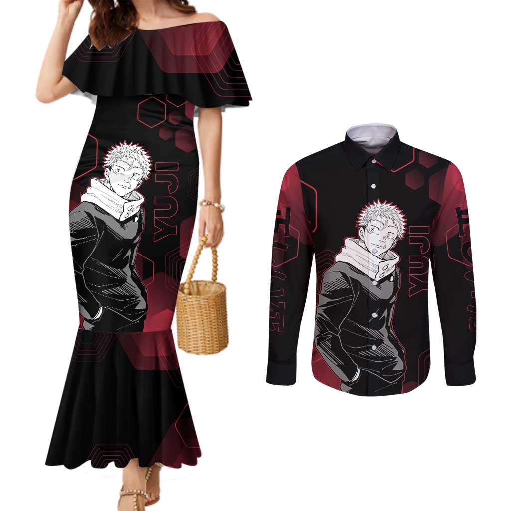Yuji Itadori Jujutsu Kaisen Red Hexagon Design Couples Matching Mermaid Dress and Long Sleeve Button Shirt with Sukuna Transformation and Manga Style Art - The Mazicc