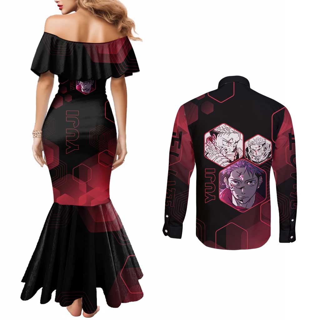 Yuji Itadori Jujutsu Kaisen Red Hexagon Design Couples Matching Mermaid Dress and Long Sleeve Button Shirt with Sukuna Transformation and Manga Style Art - The Mazicc