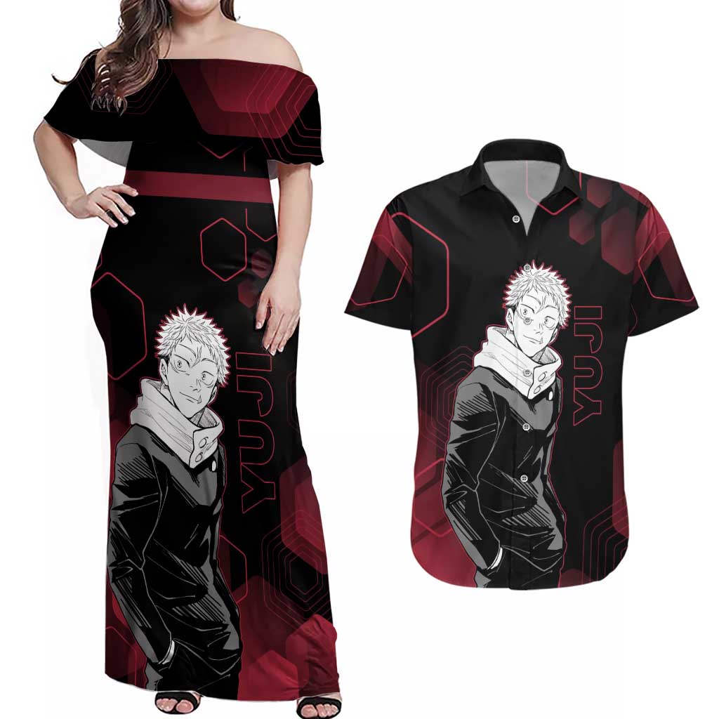 Yuji Itadori Jujutsu Kaisen Red Hexagon Design Couples Matching Off Shoulder Maxi Dress and Hawaiian Shirt with Sukuna Transformation and Manga Style Art - The Mazicc