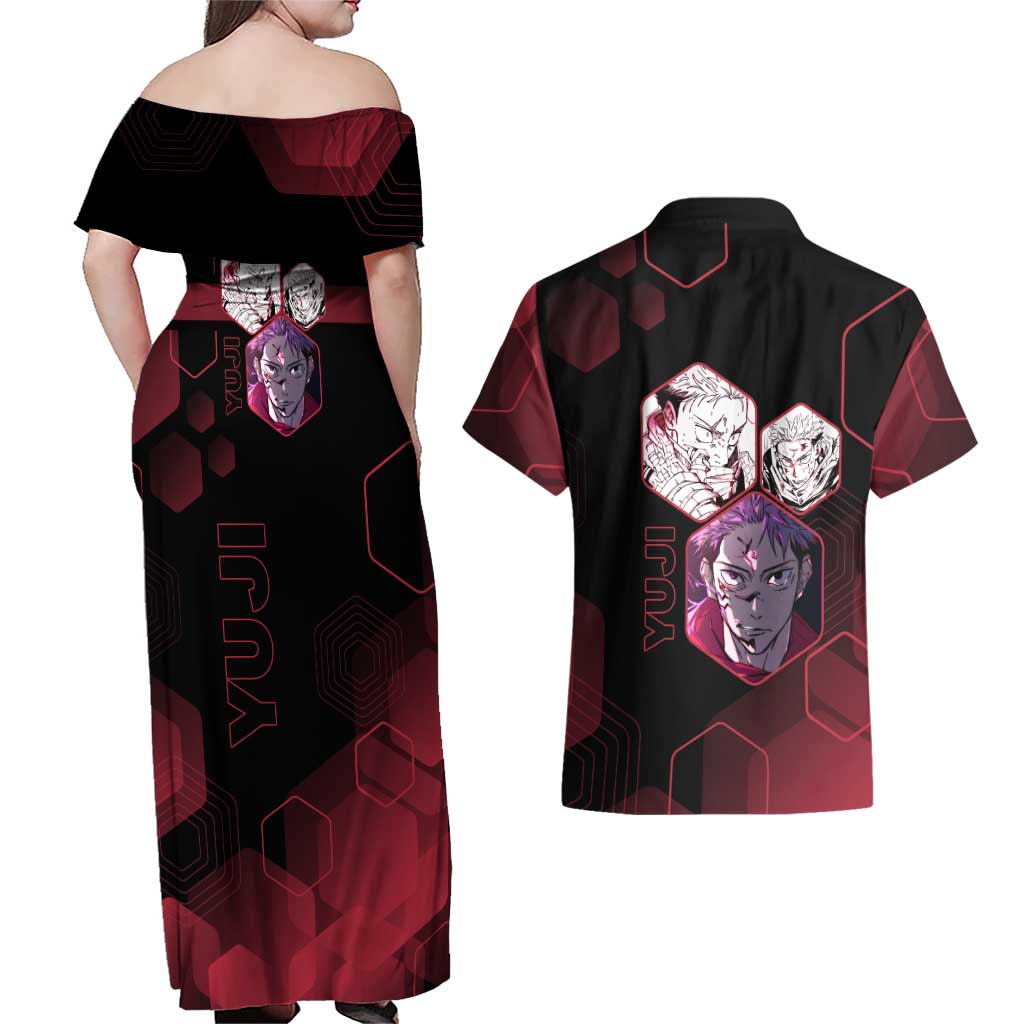 Yuji Itadori Jujutsu Kaisen Red Hexagon Design Couples Matching Off Shoulder Maxi Dress and Hawaiian Shirt with Sukuna Transformation and Manga Style Art - The Mazicc