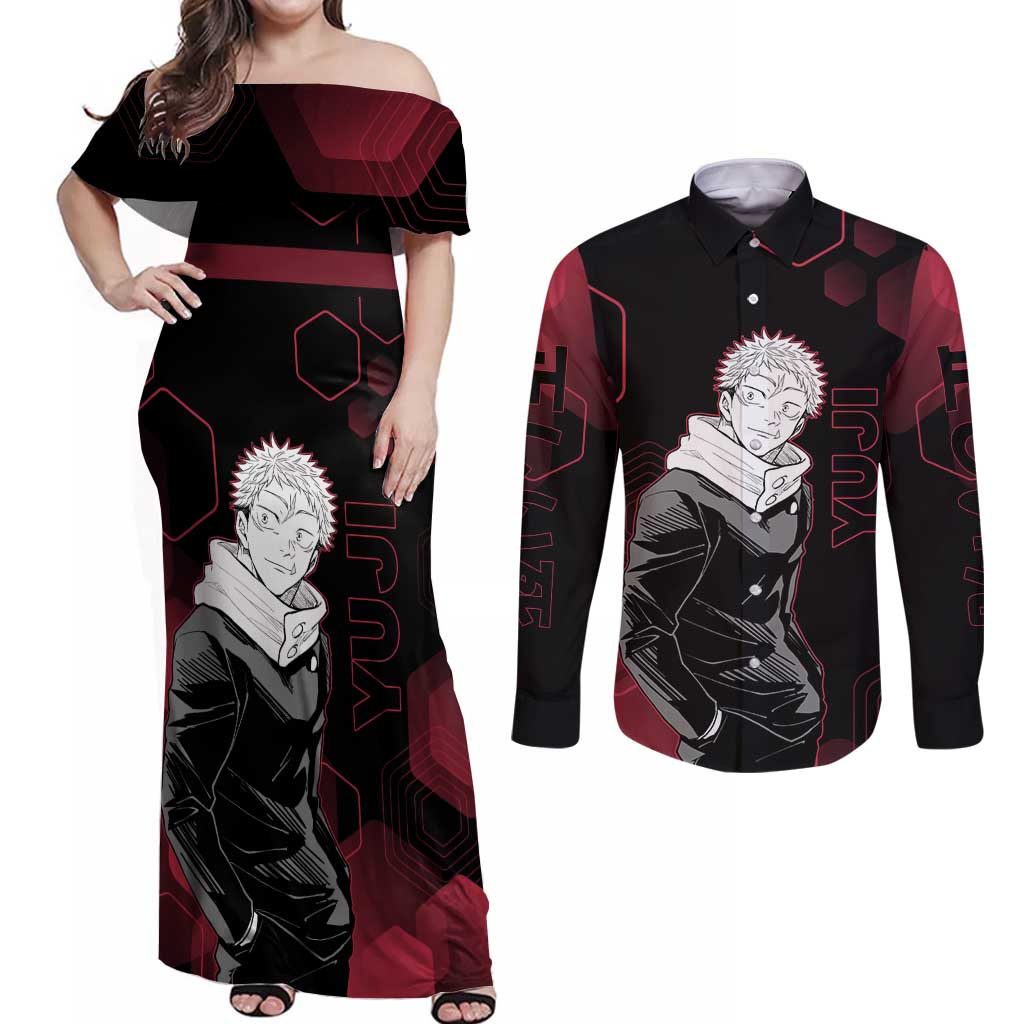 Yuji Itadori Jujutsu Kaisen Red Hexagon Design Couples Matching Off Shoulder Maxi Dress and Long Sleeve Button Shirt with Sukuna Transformation and Manga Style Art - The Mazicc