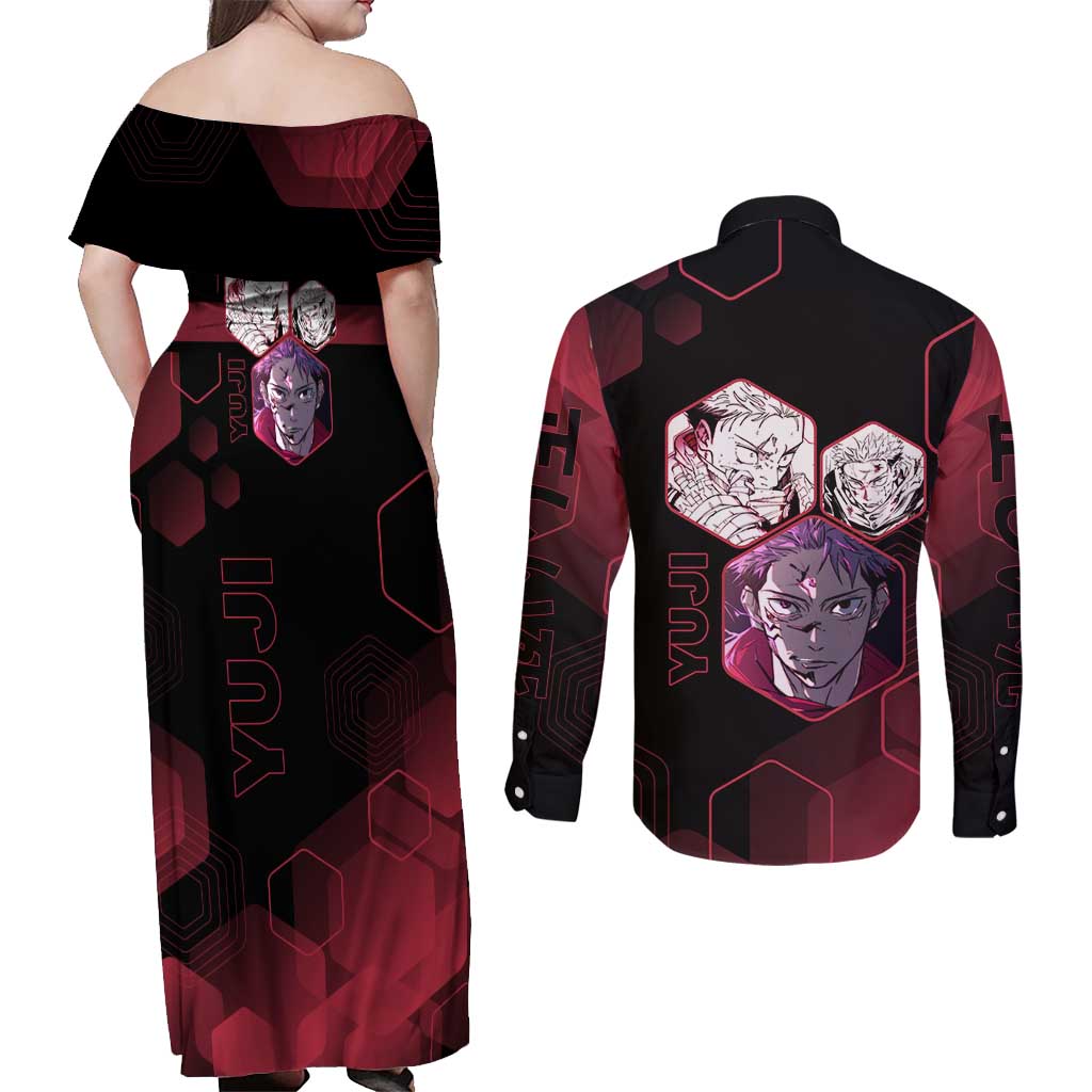 Yuji Itadori Jujutsu Kaisen Red Hexagon Design Couples Matching Off Shoulder Maxi Dress and Long Sleeve Button Shirt with Sukuna Transformation and Manga Style Art - The Mazicc