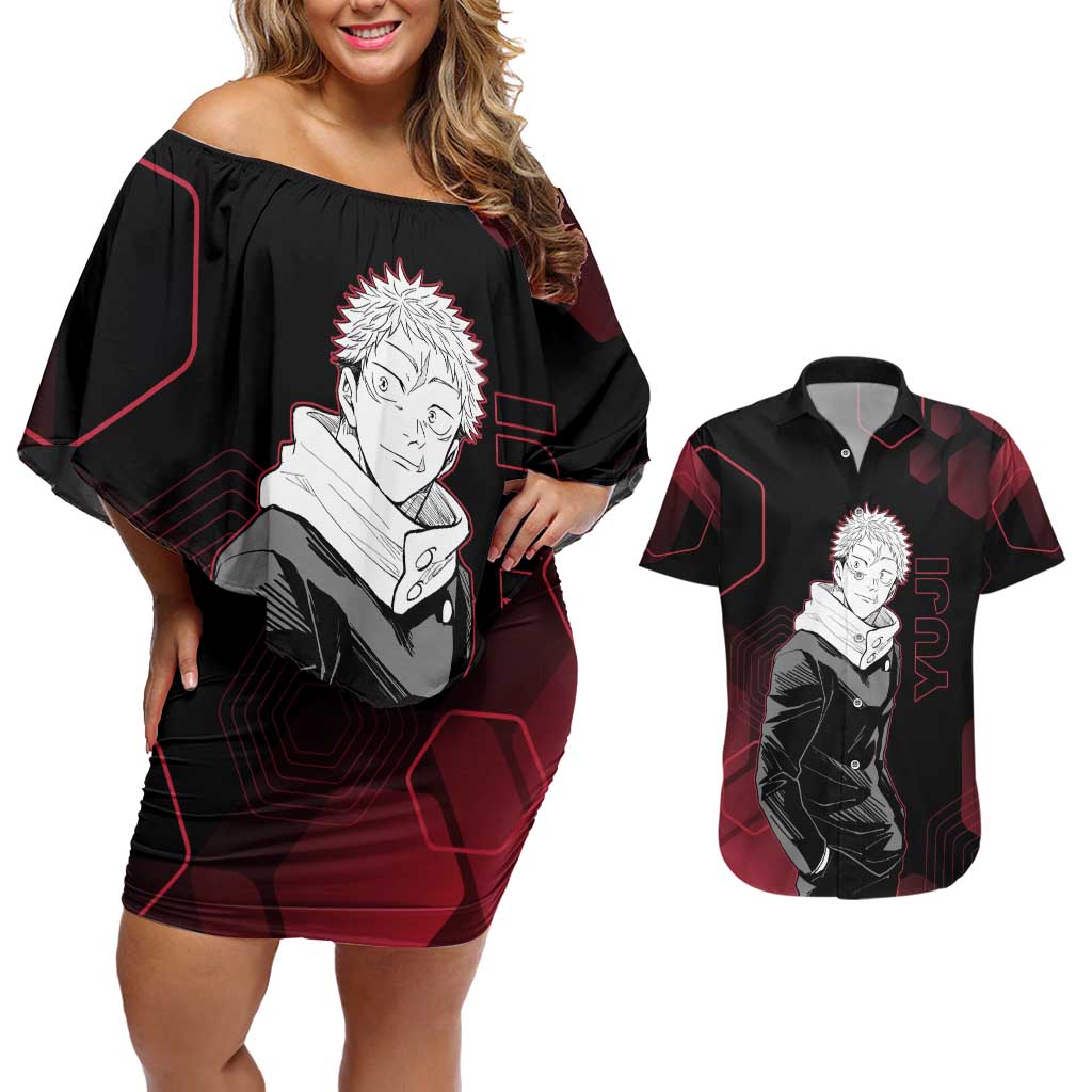 Yuji Itadori Jujutsu Kaisen Red Hexagon Design Couples Matching Off Shoulder Short Dress and Hawaiian Shirt with Sukuna Transformation and Manga Style Art - The Mazicc