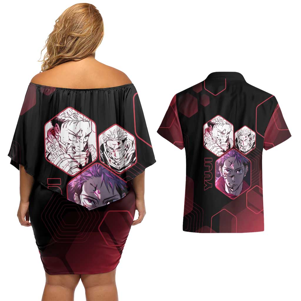 Yuji Itadori Jujutsu Kaisen Red Hexagon Design Couples Matching Off Shoulder Short Dress and Hawaiian Shirt with Sukuna Transformation and Manga Style Art - The Mazicc