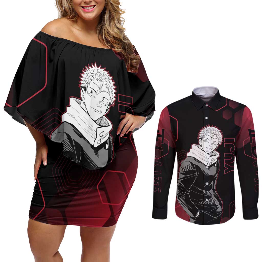 Yuji Itadori Jujutsu Kaisen Red Hexagon Design Couples Matching Off Shoulder Short Dress and Long Sleeve Button Shirt with Sukuna Transformation and Manga Style Art - The Mazicc