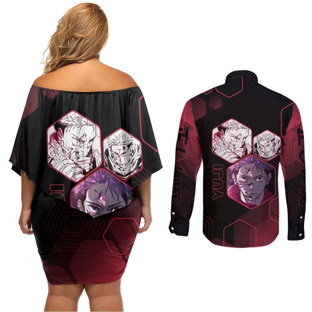 Yuji Itadori Jujutsu Kaisen Red Hexagon Design Couples Matching Off Shoulder Short Dress and Long Sleeve Button Shirt with Sukuna Transformation and Manga Style Art - The Mazicc
