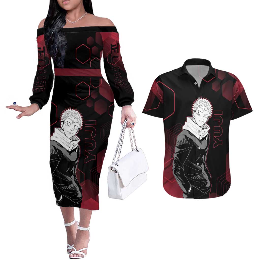 Yuji Itadori Jujutsu Kaisen Red Hexagon Design Couples Matching Off The Shoulder Long Sleeve Dress and Hawaiian Shirt with Sukuna Transformation and Manga Style Art - The Mazicc