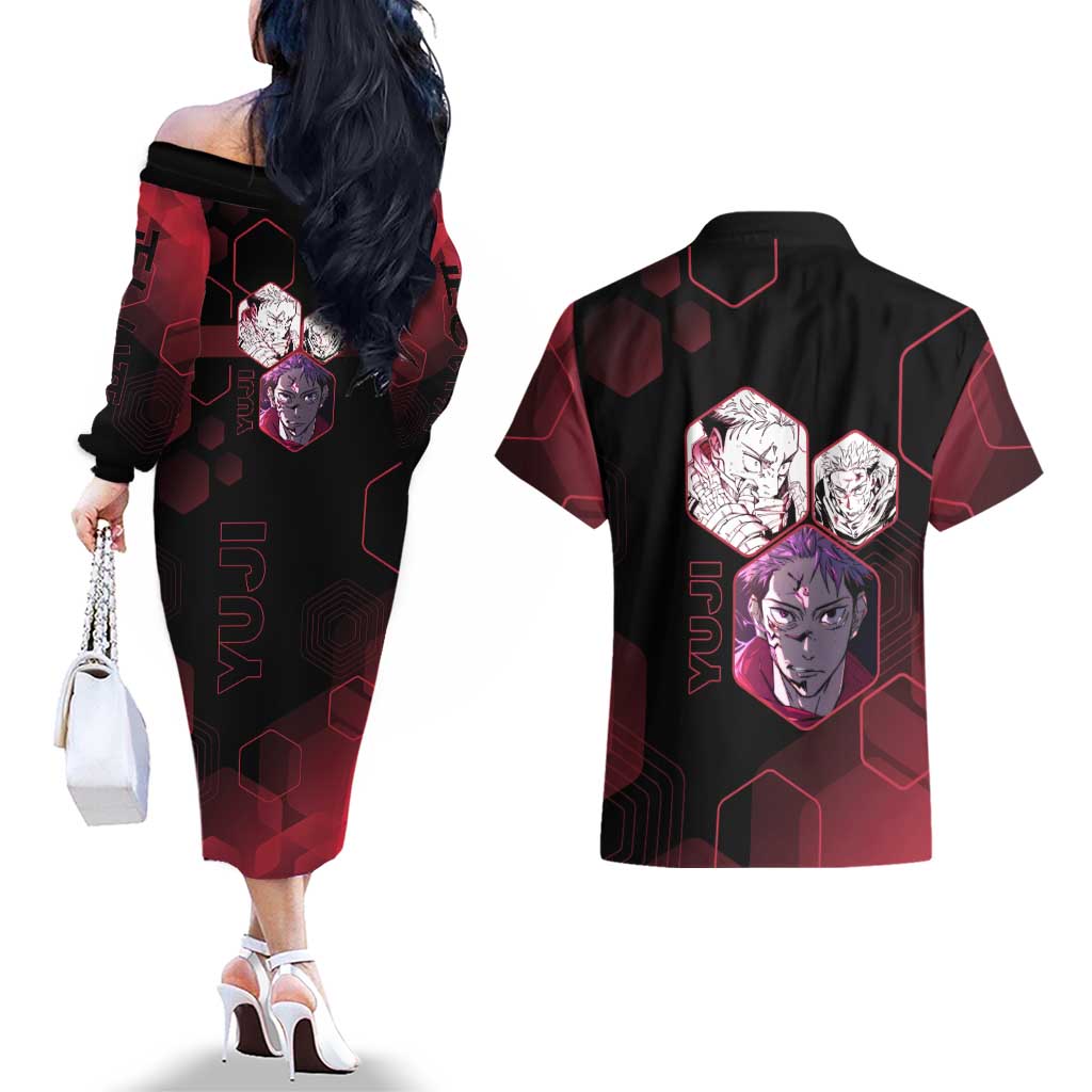 Yuji Itadori Jujutsu Kaisen Red Hexagon Design Couples Matching Off The Shoulder Long Sleeve Dress and Hawaiian Shirt with Sukuna Transformation and Manga Style Art - The Mazicc