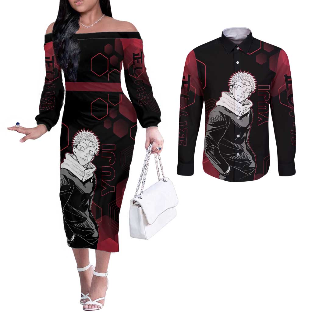 Yuji Itadori Jujutsu Kaisen Red Hexagon Design Couples Matching Off The Shoulder Long Sleeve Dress and Long Sleeve Button Shirt with Sukuna Transformation and Manga Style Art - The Mazicc