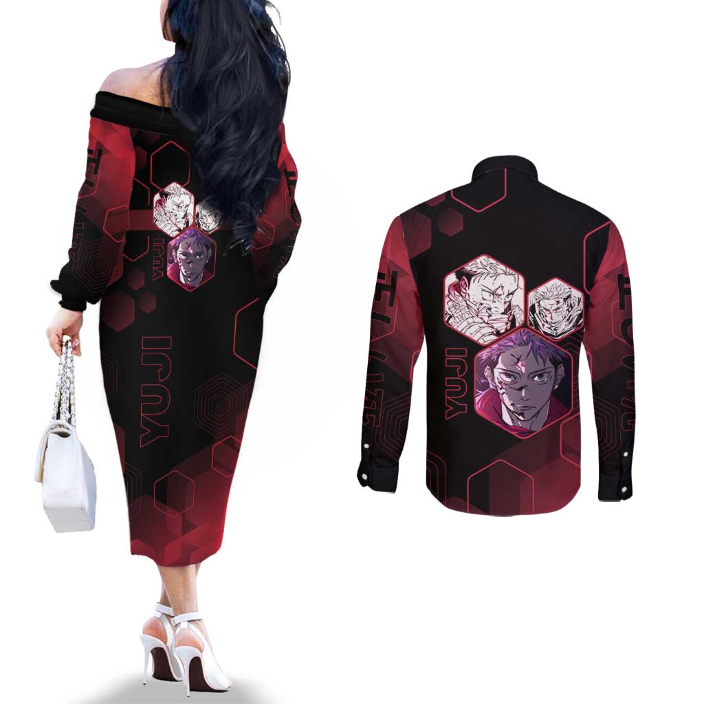 Yuji Itadori Jujutsu Kaisen Red Hexagon Design Couples Matching Off The Shoulder Long Sleeve Dress and Long Sleeve Button Shirt with Sukuna Transformation and Manga Style Art - The Mazicc