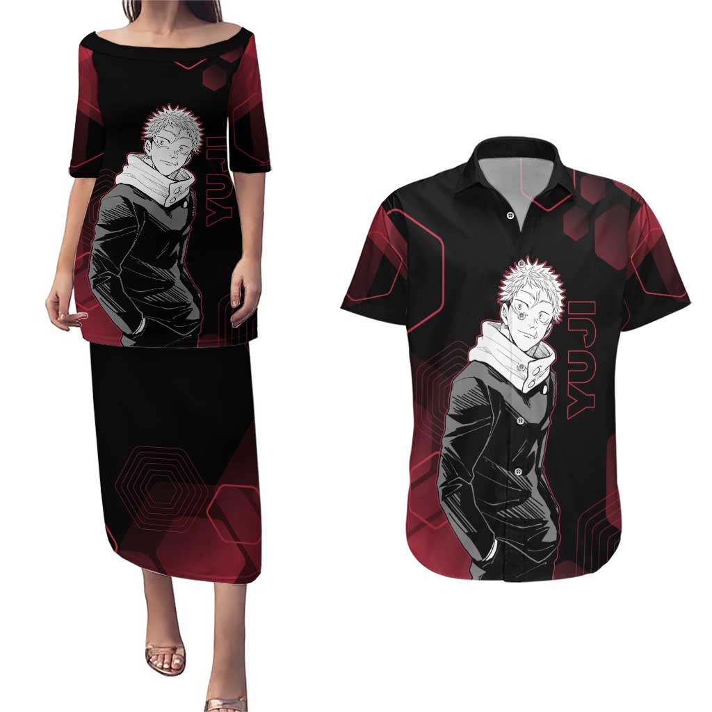 Yuji Itadori Jujutsu Kaisen Red Hexagon Design Couples Matching Puletasi and Hawaiian Shirt with Sukuna Transformation and Manga Style Art - The Mazicc