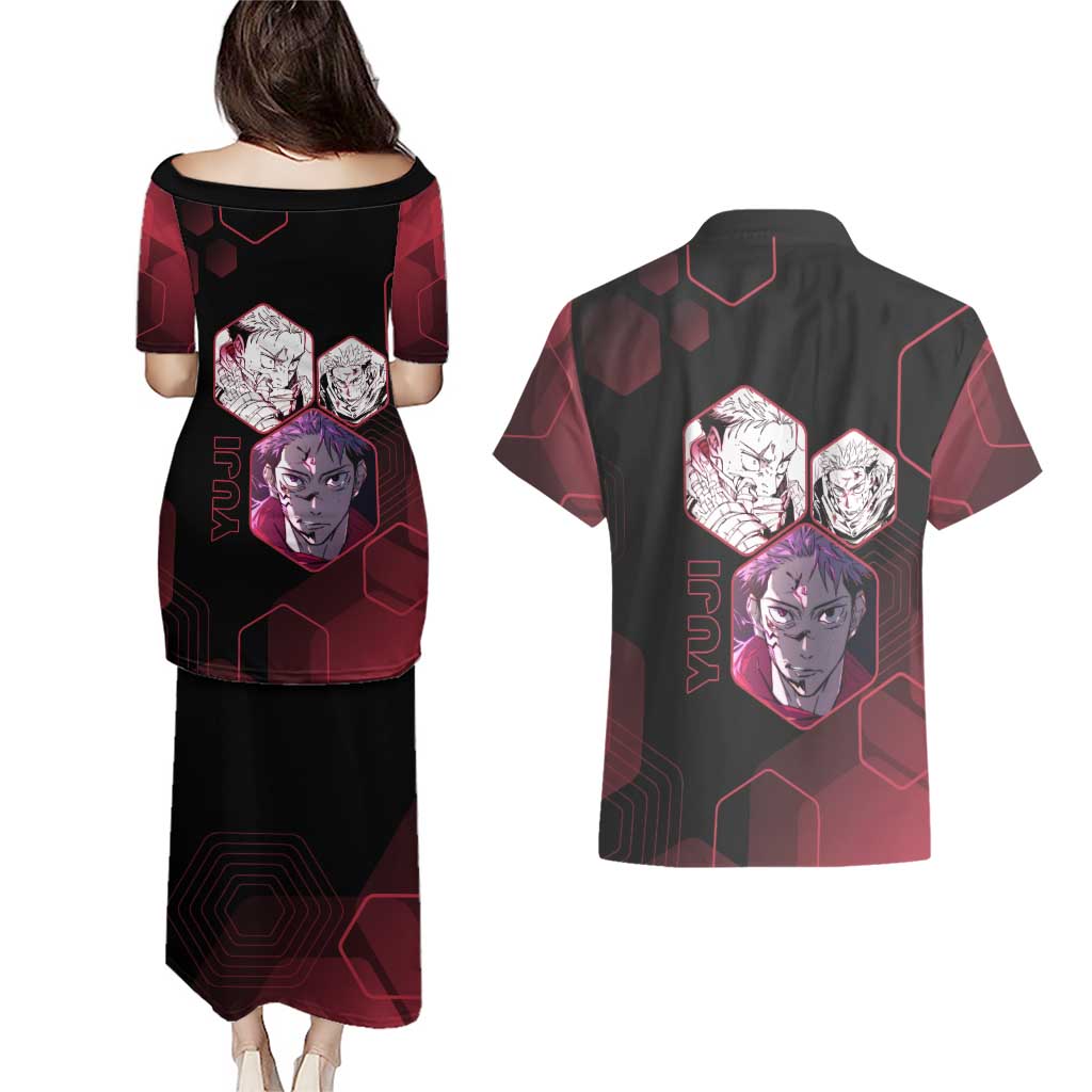 Yuji Itadori Jujutsu Kaisen Red Hexagon Design Couples Matching Puletasi and Hawaiian Shirt with Sukuna Transformation and Manga Style Art - The Mazicc