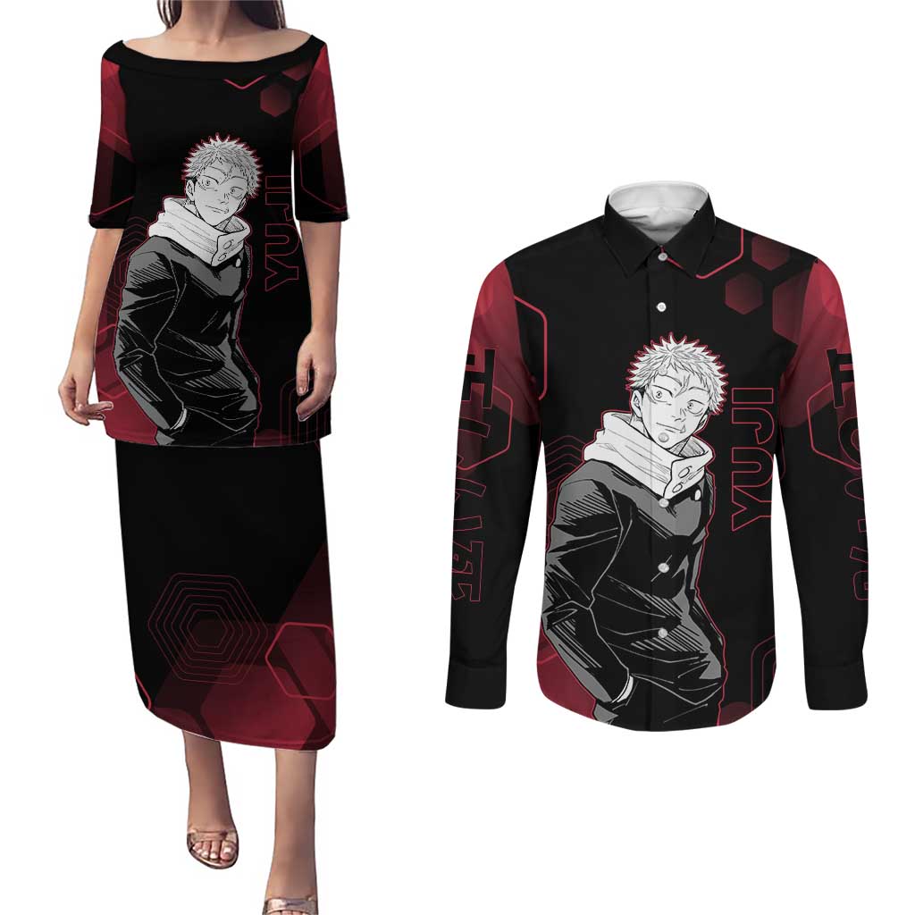 Yuji Itadori Jujutsu Kaisen Red Hexagon Design Couples Matching Puletasi and Long Sleeve Button Shirt with Sukuna Transformation and Manga Style Art - The Mazicc
