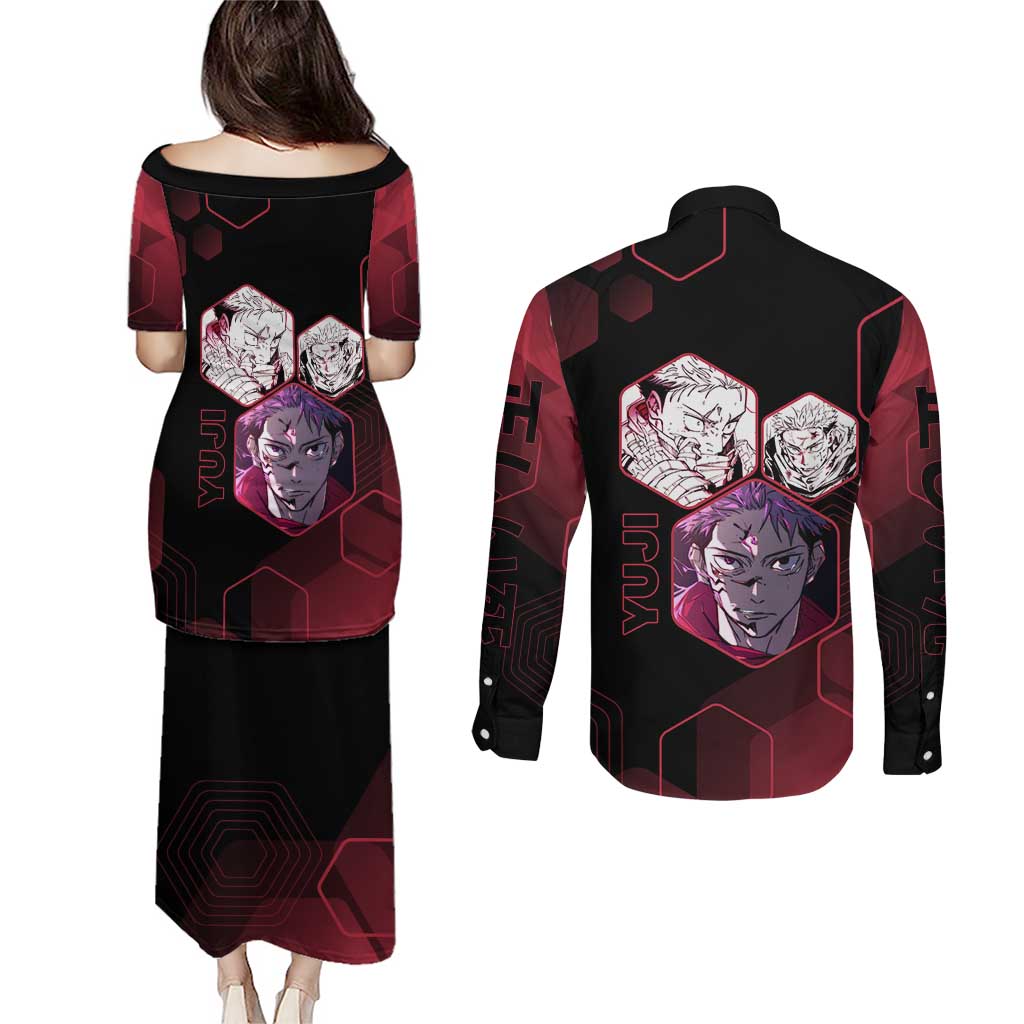 Yuji Itadori Jujutsu Kaisen Red Hexagon Design Couples Matching Puletasi and Long Sleeve Button Shirt with Sukuna Transformation and Manga Style Art - The Mazicc