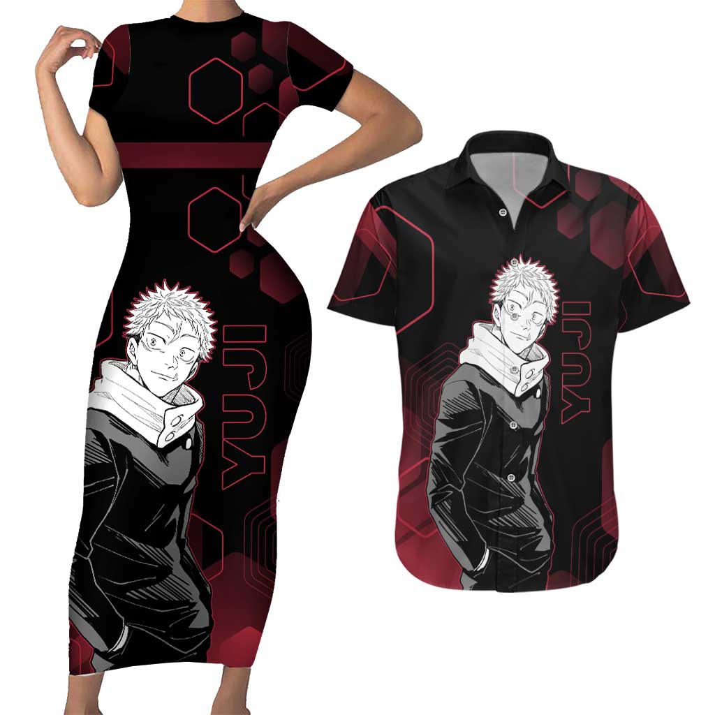 Yuji Itadori Jujutsu Kaisen Red Hexagon Design Couples Matching Short Sleeve Bodycon Dress and Hawaiian Shirt with Sukuna Transformation and Manga Style Art - The Mazicc