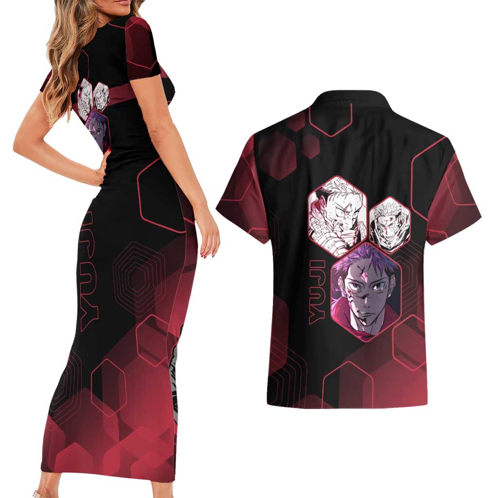 Yuji Itadori Jujutsu Kaisen Red Hexagon Design Couples Matching Short Sleeve Bodycon Dress and Hawaiian Shirt with Sukuna Transformation and Manga Style Art - The Mazicc