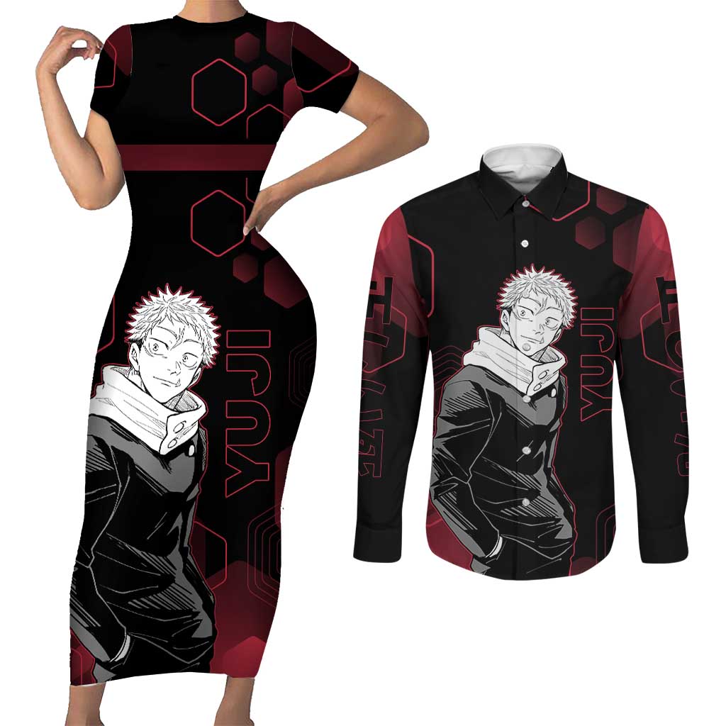 Yuji Itadori Jujutsu Kaisen Red Hexagon Design Couples Matching Short Sleeve Bodycon Dress and Long Sleeve Button Shirt with Sukuna Transformation and Manga Style Art - The Mazicc