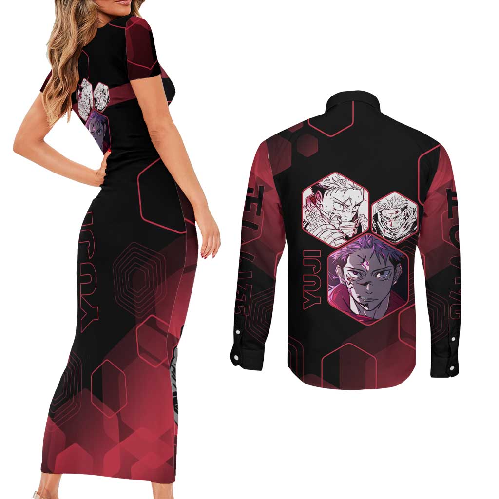 Yuji Itadori Jujutsu Kaisen Red Hexagon Design Couples Matching Short Sleeve Bodycon Dress and Long Sleeve Button Shirt with Sukuna Transformation and Manga Style Art - The Mazicc