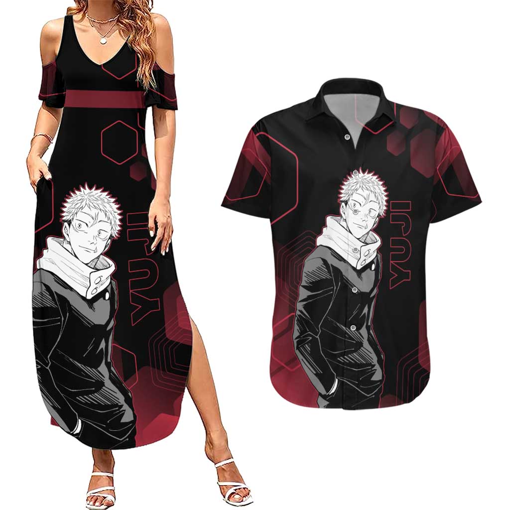 Yuji Itadori Jujutsu Kaisen Red Hexagon Design Couples Matching Summer Maxi Dress and Hawaiian Shirt with Sukuna Transformation and Manga Style Art - The Mazicc