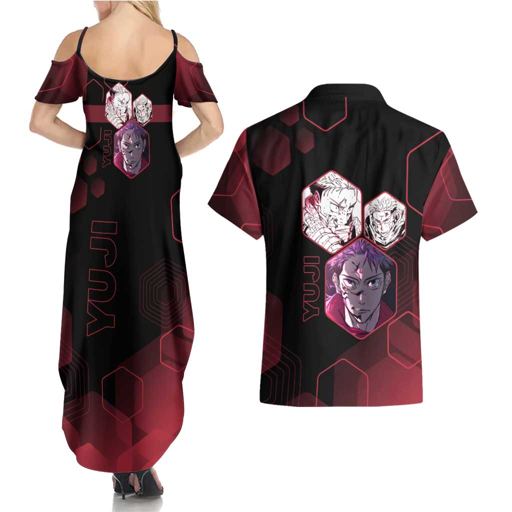 Yuji Itadori Jujutsu Kaisen Red Hexagon Design Couples Matching Summer Maxi Dress and Hawaiian Shirt with Sukuna Transformation and Manga Style Art - The Mazicc