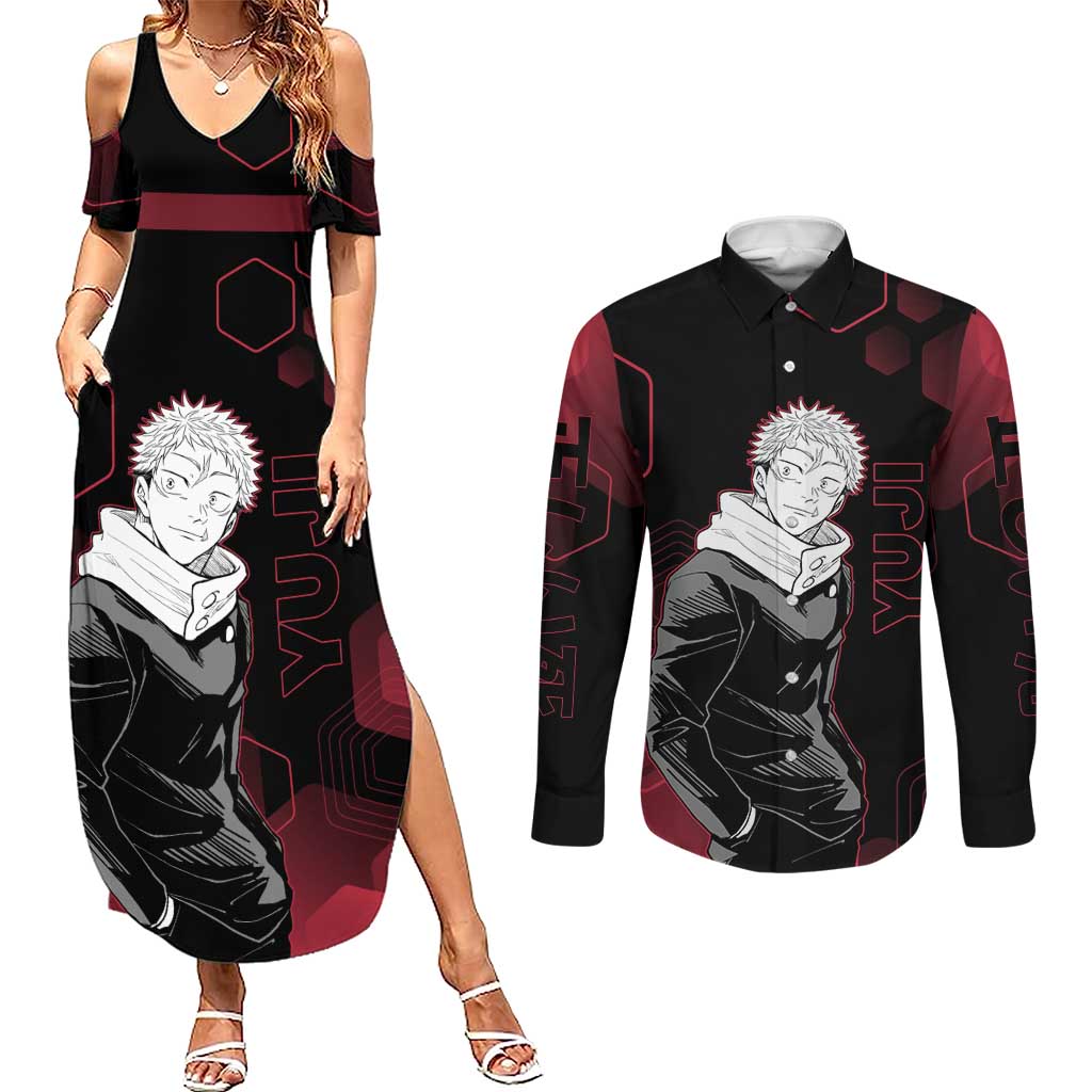 Yuji Itadori Jujutsu Kaisen Red Hexagon Design Couples Matching Summer Maxi Dress and Long Sleeve Button Shirt with Sukuna Transformation and Manga Style Art - The Mazicc
