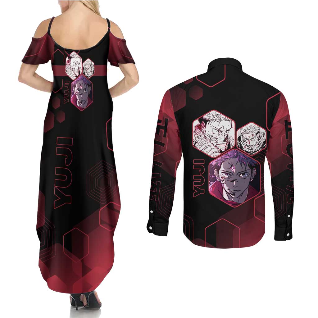 Yuji Itadori Jujutsu Kaisen Red Hexagon Design Couples Matching Summer Maxi Dress and Long Sleeve Button Shirt with Sukuna Transformation and Manga Style Art - The Mazicc
