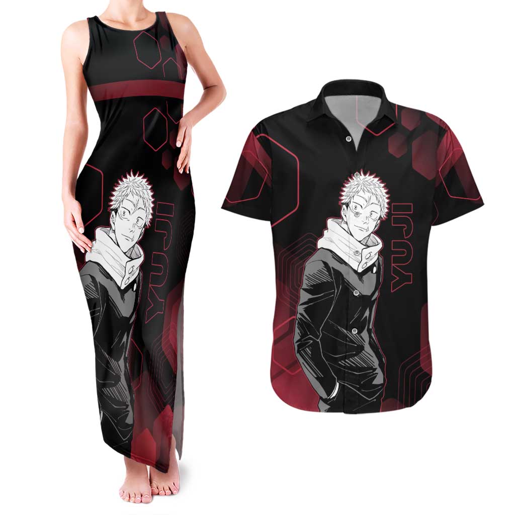 Yuji Itadori Jujutsu Kaisen Red Hexagon Design Couples Matching Tank Maxi Dress and Hawaiian Shirt with Sukuna Transformation and Manga Style Art - The Mazicc