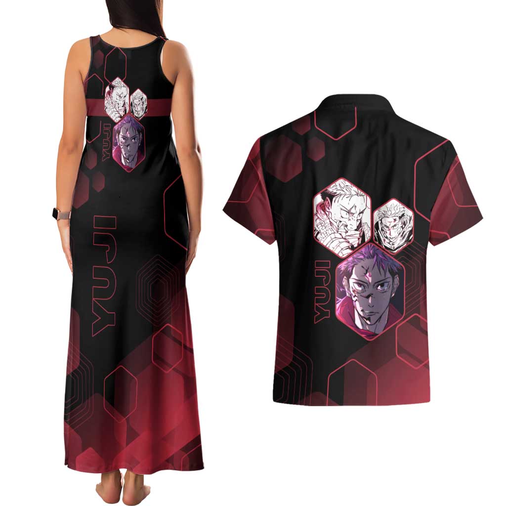 Yuji Itadori Jujutsu Kaisen Red Hexagon Design Couples Matching Tank Maxi Dress and Hawaiian Shirt with Sukuna Transformation and Manga Style Art - The Mazicc