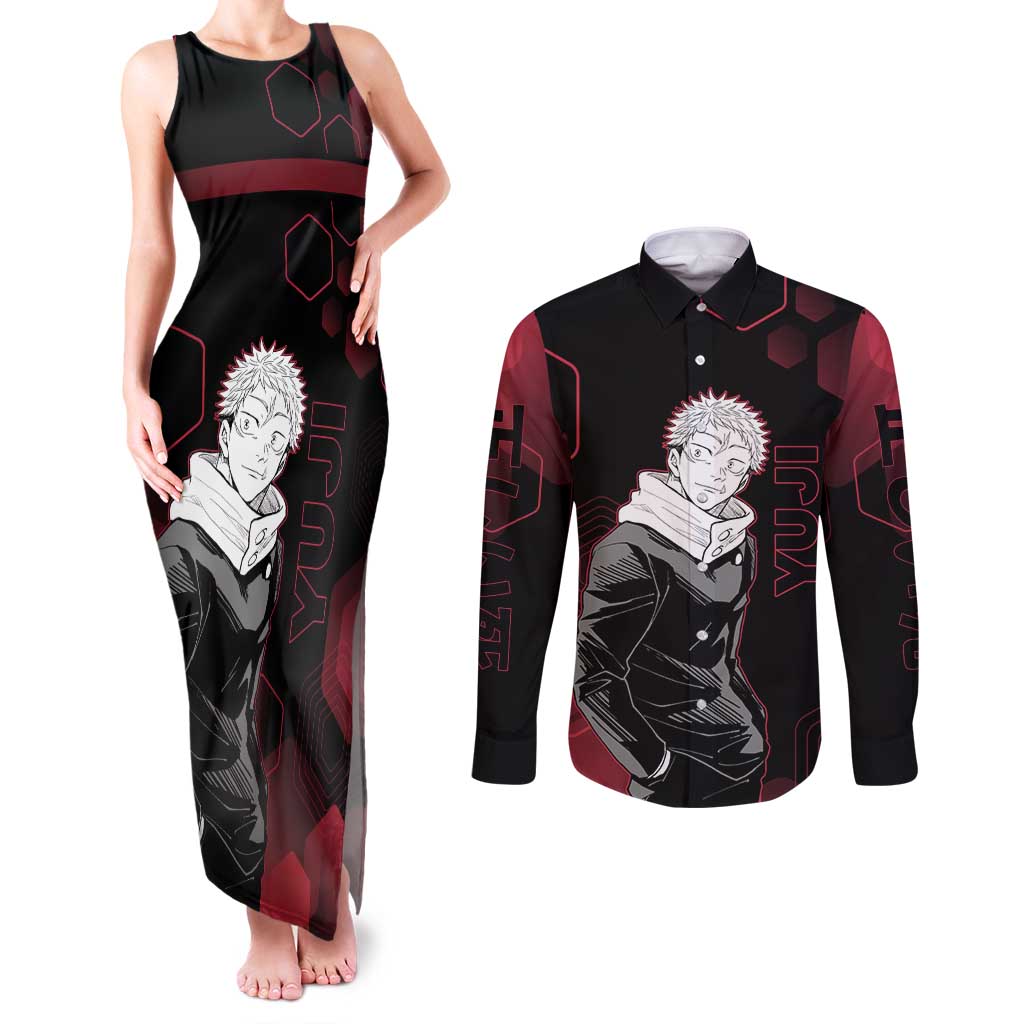 Yuji Itadori Jujutsu Kaisen Red Hexagon Design Couples Matching Tank Maxi Dress and Long Sleeve Button Shirt with Sukuna Transformation and Manga Style Art - The Mazicc