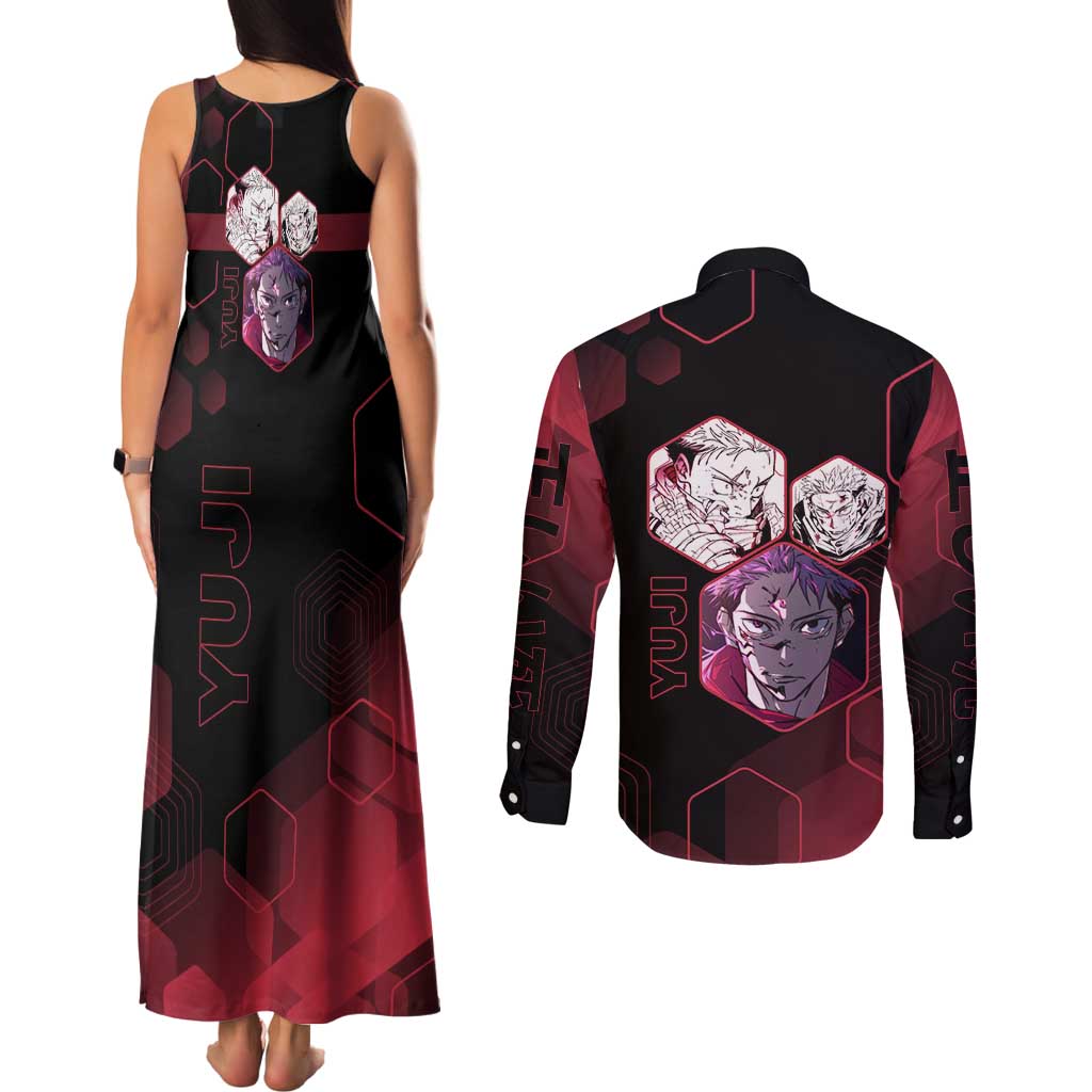 Yuji Itadori Jujutsu Kaisen Red Hexagon Design Couples Matching Tank Maxi Dress and Long Sleeve Button Shirt with Sukuna Transformation and Manga Style Art - The Mazicc
